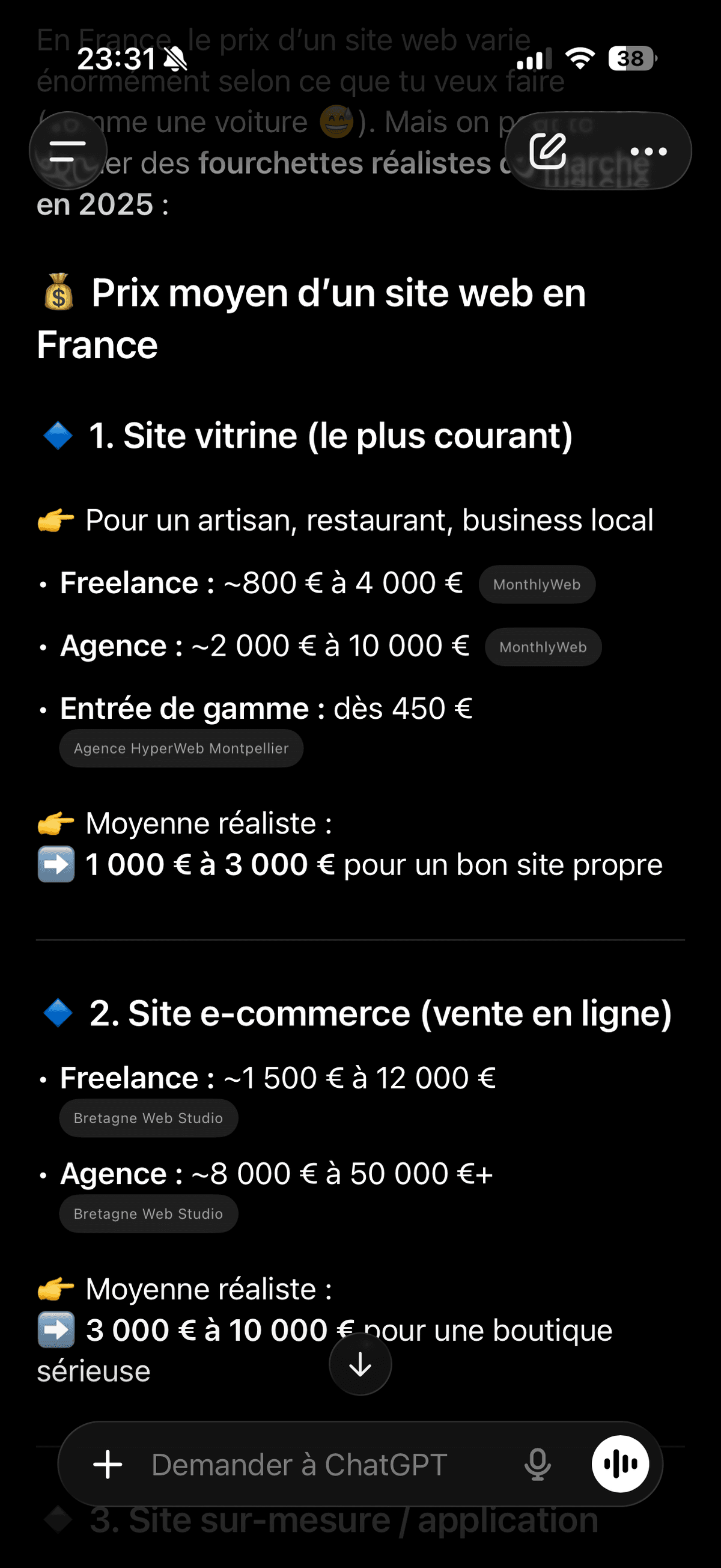 ChatGPT — Prix moyen d'un site web en France : 1 000€ à 10 000€